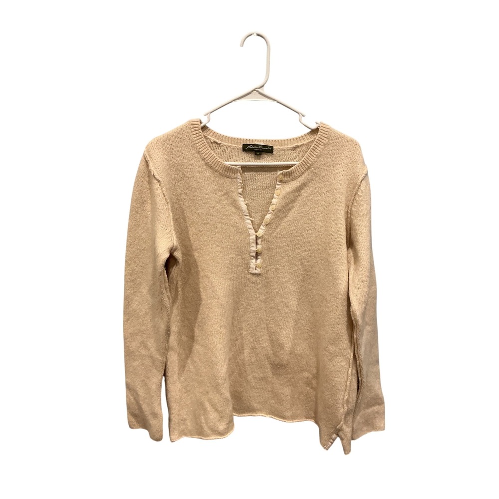 Eddie Bauer Womens Lambswool Angora Blend Henley Fisherman Sweater Beige Size XL